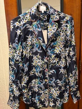 NWT! cinq a sept Black Floral-Print Button-Down Shirt Size XS